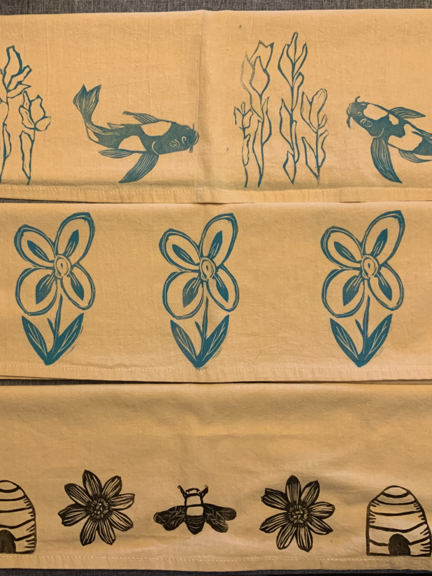 Bee Kitchen Towel, Handprinted Kitchen Towels, Handmade, Natural Cotton,  Choose Your Color, Honey Bees 